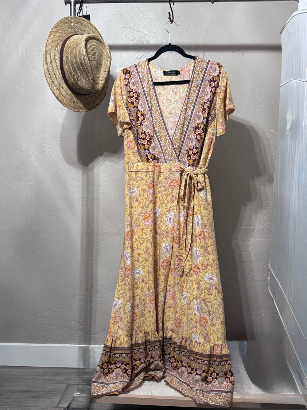 Feminine Yellow Floral Wrap Maxi Dress with Tie Waist